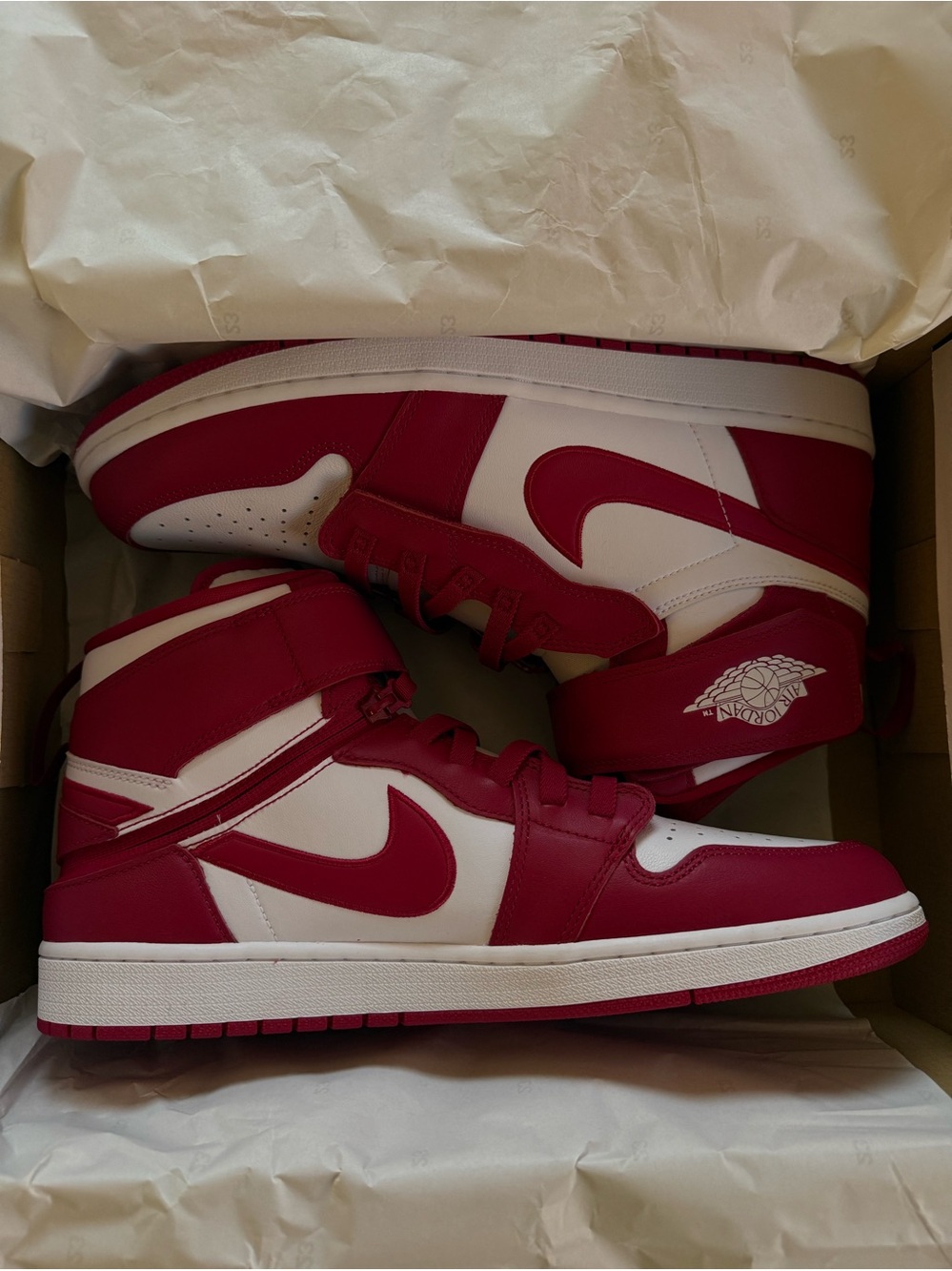 Jordan• 1 Hi Flyease in Cardinal Red and White